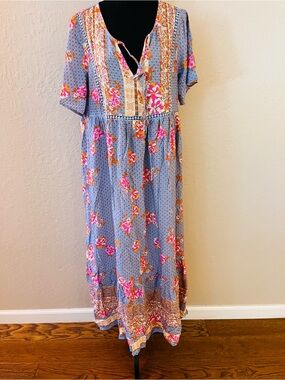 Floral Boho‎ Maxi Dress in Light Blue and Pink